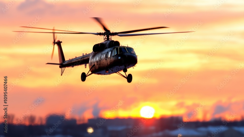 An impressive silhouette of a helicopter cuts through a colorful sunset horizon, evoking a sense of mystery and the unending adventure of journeying into the unknown. An impressive silhouette of a helicopter cuts through a colorful sunset horizon, evoking a sense of mystery and the unending adventure of journeying into the unknown.