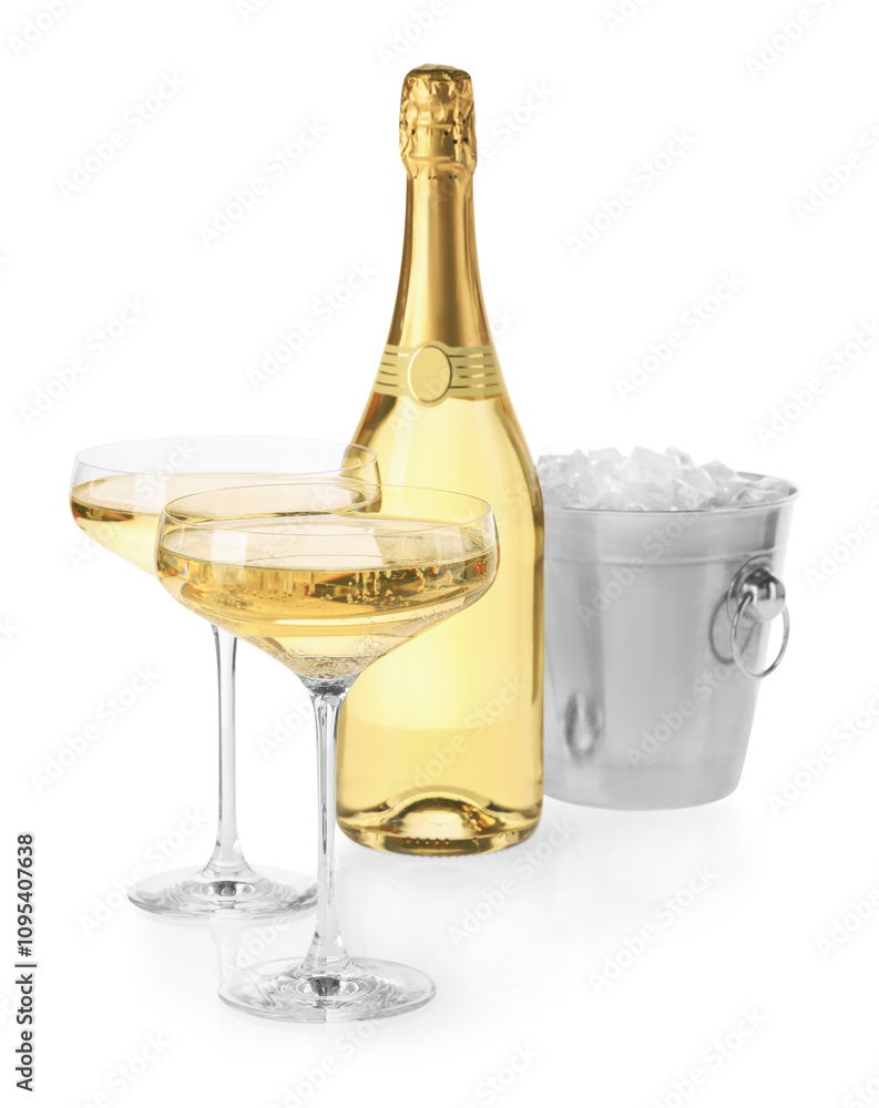 Champagne and bucket with ice isolated on white Champagne and bucket with ice isolated on white