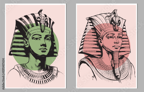 A set of hand-drawn illustrations featuring ancient Egyptian figures in traditional attire, abstract style with colorful geometric elements. Tempura design for print, canvas, poster