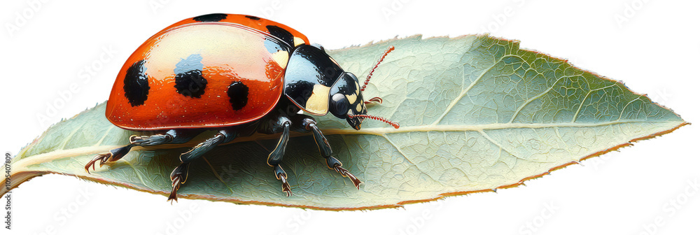 Fototapeta premium A vibrant ladybug crawling on a tiny green leaf,