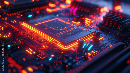 Close-up of a futuristic ai chip on a motherboard emitting colorful neon lights, representing artificial intelligence and advanced technology. Futuristic Neon Circuit. Illustration