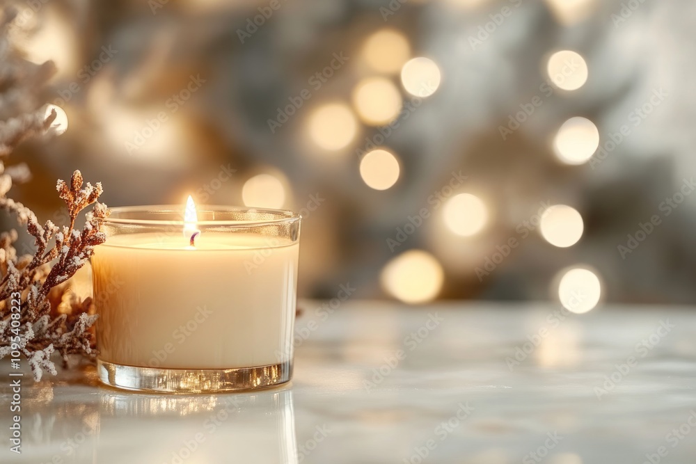 A lit candle sits on a marble surface with a blurred background A lit candle sits on a marble surface with a blurred background