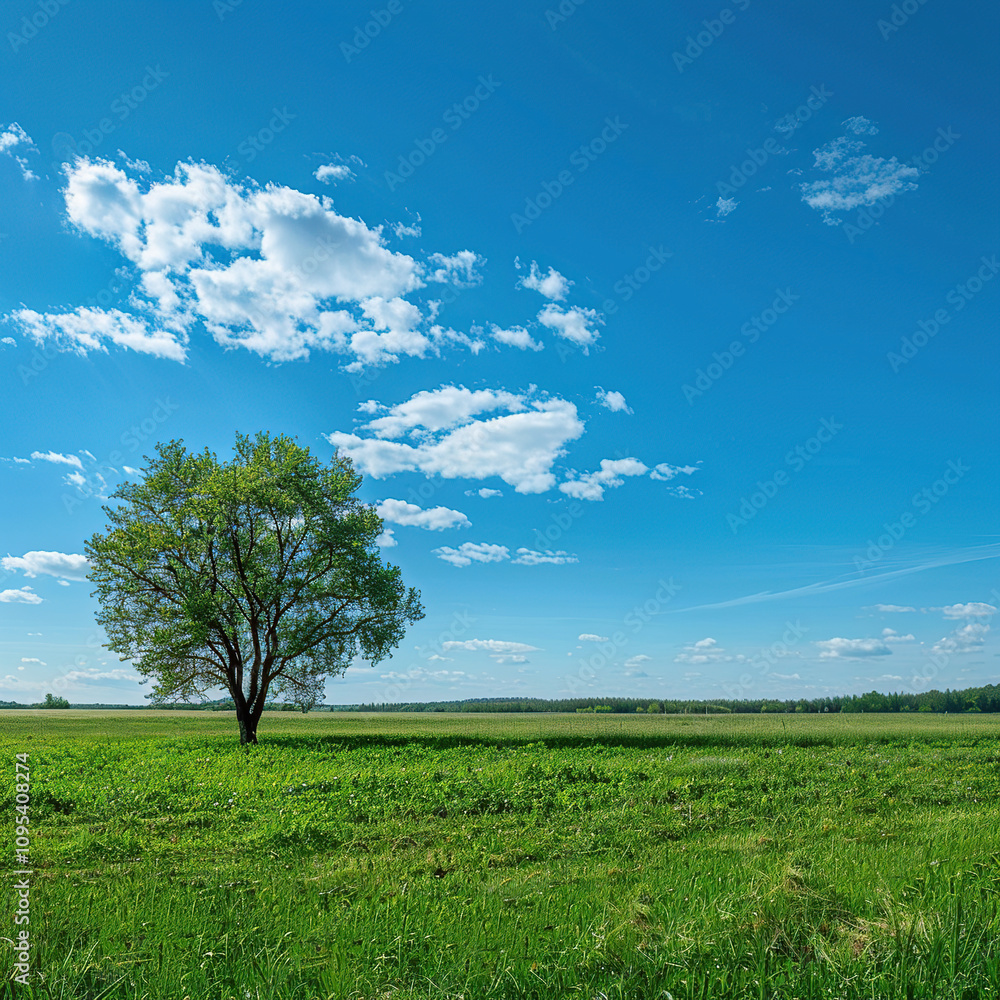 Obraz premium green grass field with tree in background blue sky sunny day