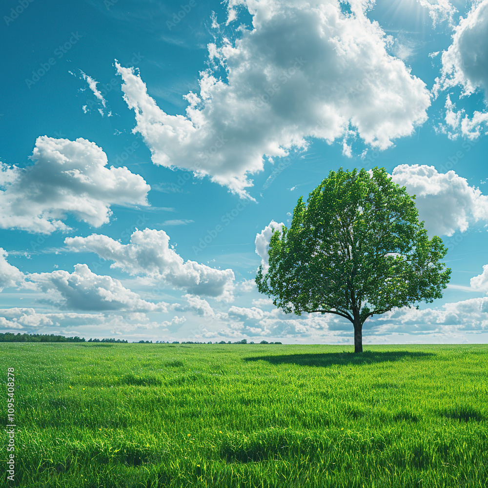 Fototapeta premium green grass field with tree in background blue sky sunny day