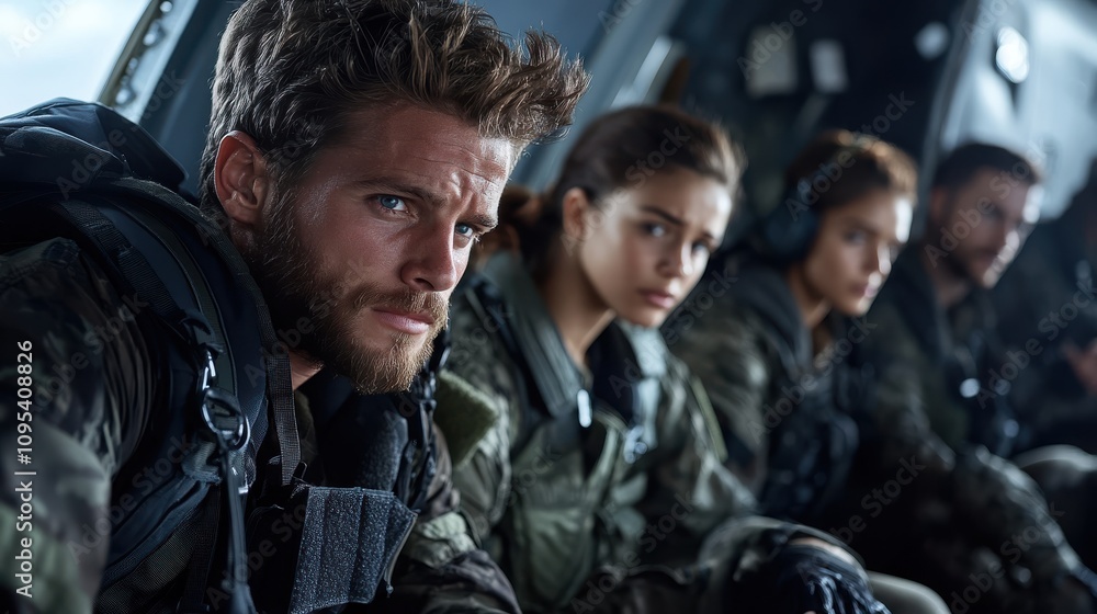 Fototapeta premium A group of serious, focused individuals in military tactical gear are seated inside a helicopter, ready for a mission, displaying courage and determination in their expressions.