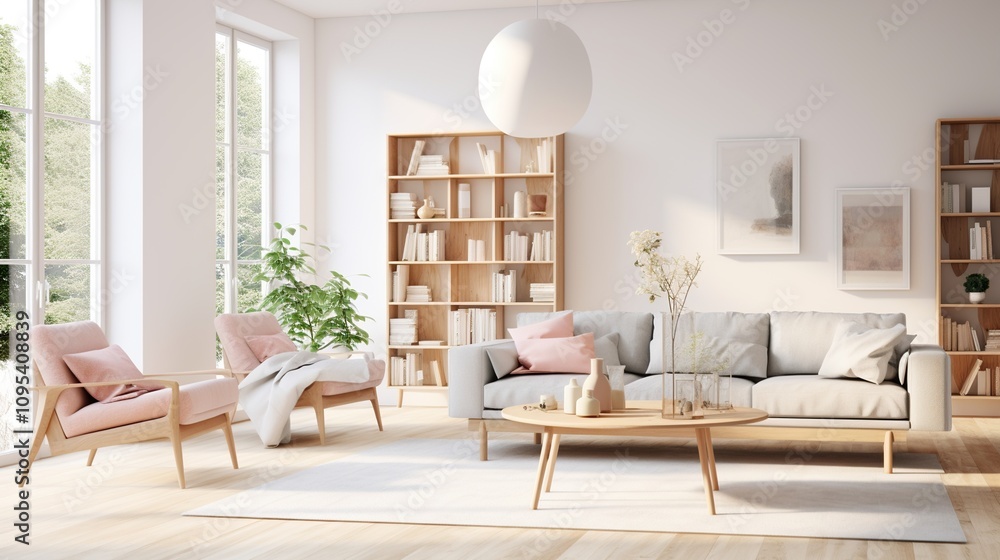 Fototapeta premium Light filled living room with a light beige sofa wooden furniture