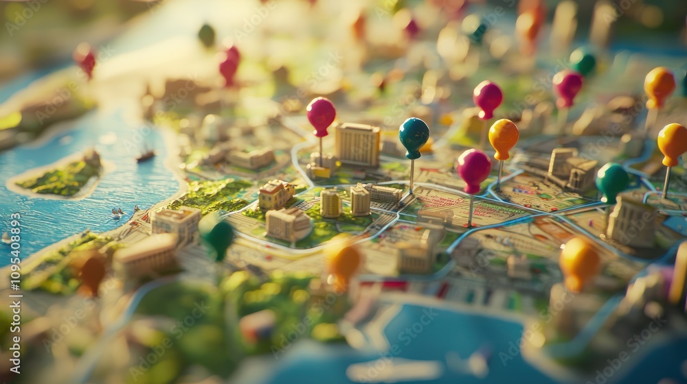 Close-up of a map with colorful pins marking various destinations, inviting exploration and travel. Close-up of a map with colorful pins marking various destinations, inviting exploration and travel.