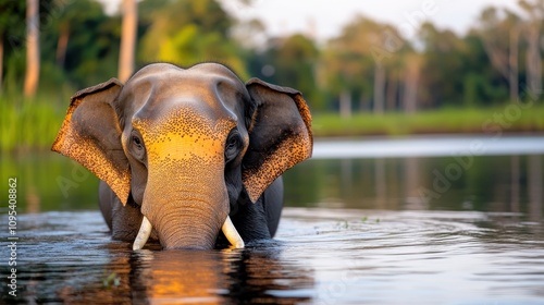 An elephant wades through calm waters, its reflection mirrored on the surface, creating a serene and tranquil image that evokes peace and harmony with nature. photo