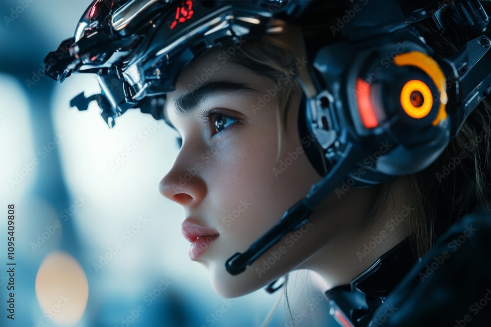 A futuristic woman is shown side profile wearing an advanced tech helmet, symbolizing human and technology integration, innovation, and forward-thinking aspirations. A futuristic woman is shown side profile wearing an advanced tech helmet, symbolizing human and technology integration, innovation, and forward-thinking aspirations.