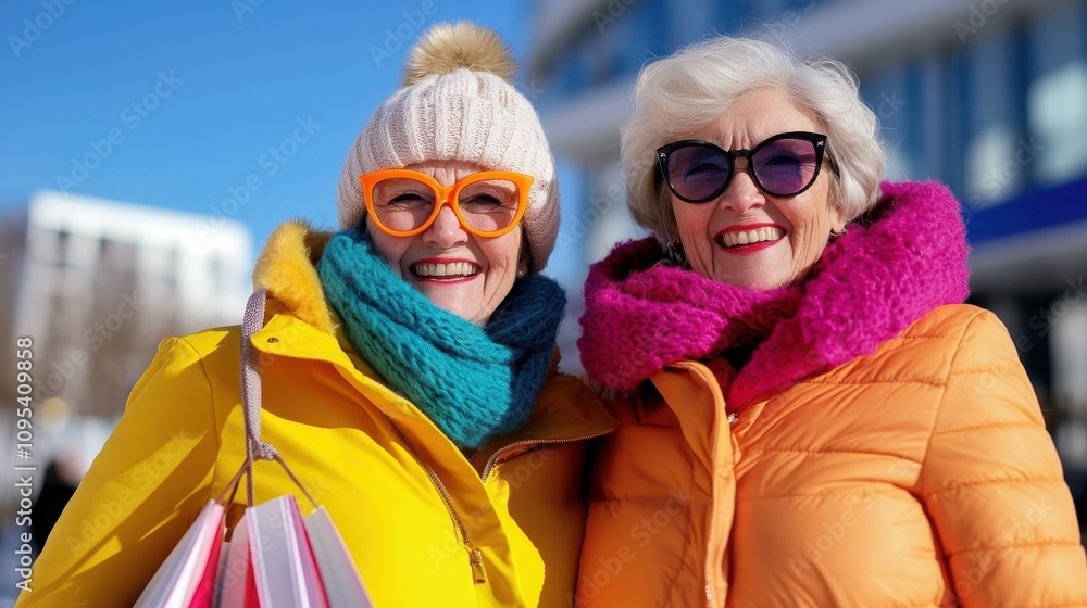 Two stylish elderly women in bright winter clothing smile widely while enjoying a day of shopping outdoors, epitomizing friendship, style, and vibrant living. Two stylish elderly women in bright winter clothing smile widely while enjoying a day of shopping outdoors, epitomizing friendship, style, and vibrant living.