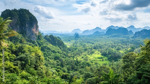 Lush Green Tropical Landscape With Majestic Mountains