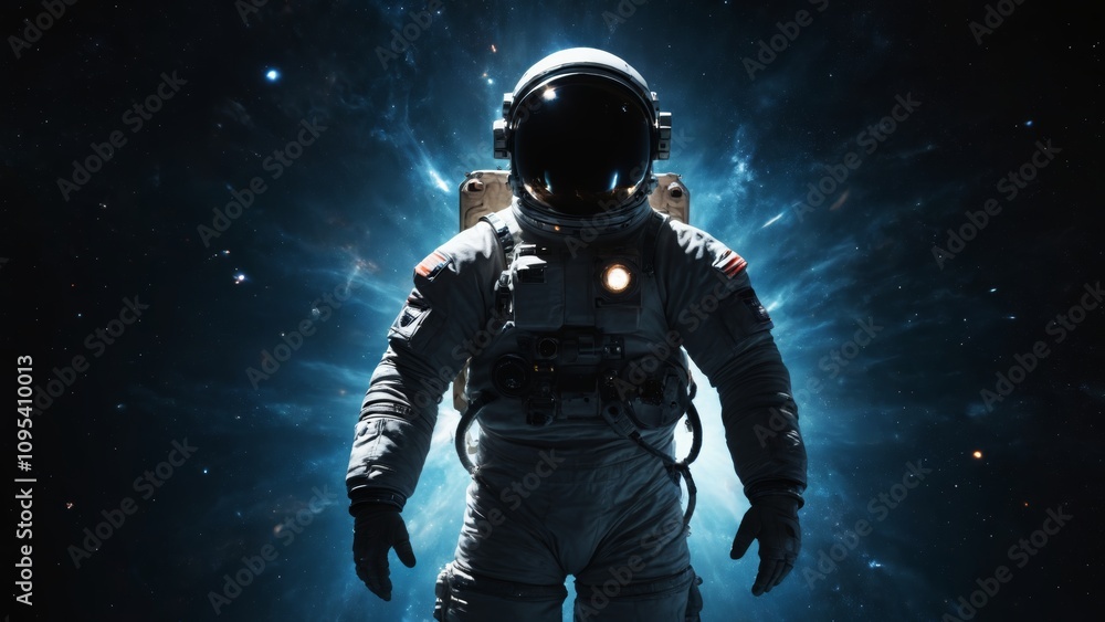 Fototapeta premium An astronaut explores the vast cosmos, illuminated by distant stars and swirling galaxies