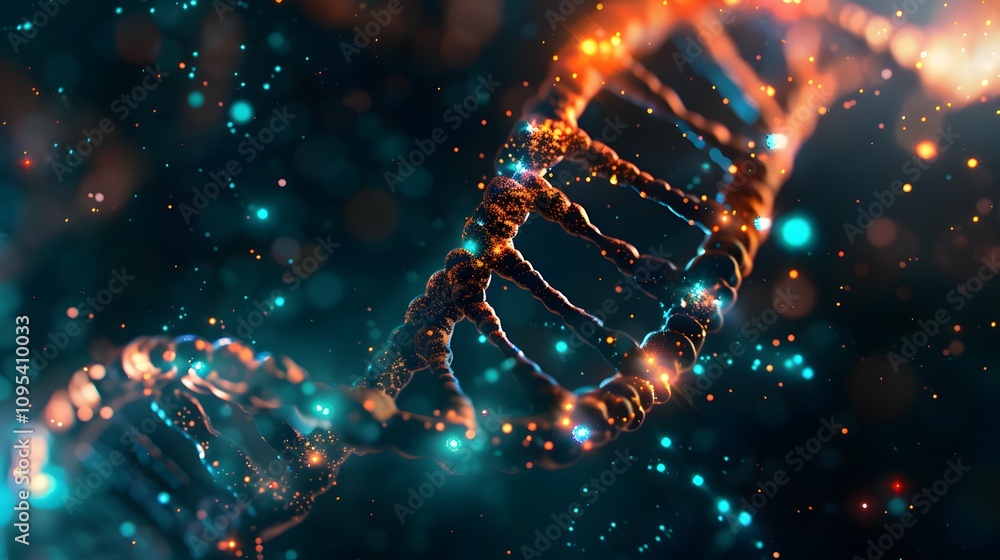 Close-up of a glowing DNA double helix with blue and orange sparkles. Close-up of a glowing DNA double helix with blue and orange sparkles.