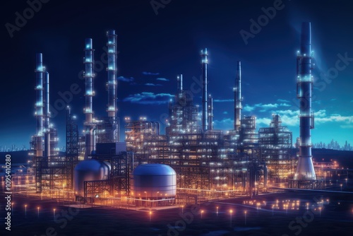 Futuristic Oil Refinery and Energy Plant Illuminated at Night