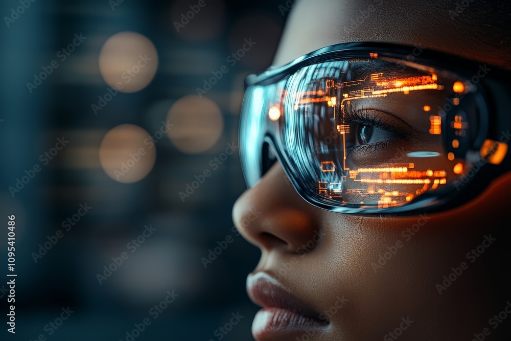 A close-up of a person wearing futuristic goggles reflecting a digital orange display, evoking a sense of technology, innovation, and futuristic vision. A close-up of a person wearing futuristic goggles reflecting a digital orange display, evoking a sense of technology, innovation, and futuristic vision.