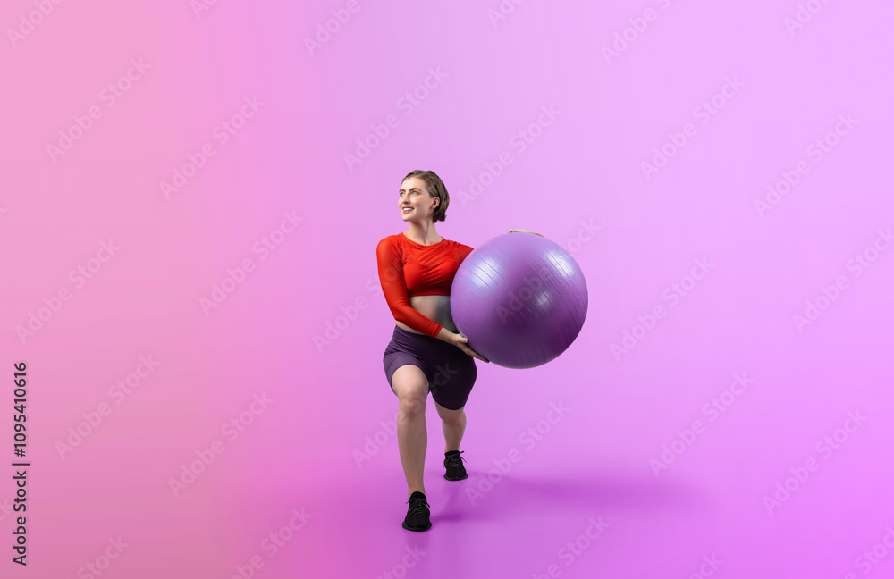 Full body length gaiety shot athletic and sporty young woman with fitness exercising ball in standing posture on isolated background. Healthy active and body care lifestyle. Full body length gaiety shot athletic and sporty young woman with fitness exercising ball in standing posture on isolated background. Healthy active and body care lifestyle.