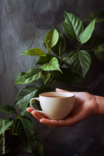 Hand holding a cup of coca leaf tea surrounded by fresh green coca leaves in soft lighting