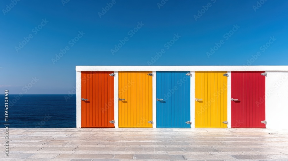 A stunning lineup of vibrant doors in orange, yellow, blue, and red overlook the serene ocean, reflecting a harmonious blend of modern design and nature. A stunning lineup of vibrant doors in orange, yellow, blue, and red overlook the serene ocean, reflecting a harmonious blend of modern design and nature.