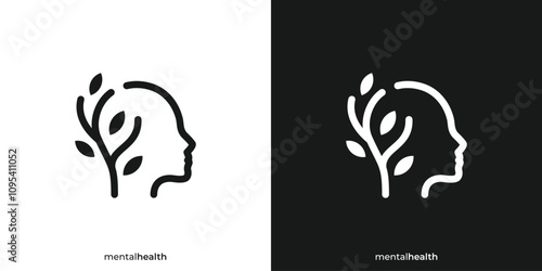 Creative Mental Health Logo. Head Human Mind with Tree Leaf Nature with Linear Outline Style. Therapy Psychology Logo Icon Symbol Vector Design Template.