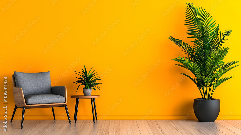 A modern living space featuring a yellow wall, a comfortable gray chair, a small table, and lush green plants, creating a vibrant atmosphere. A modern living space featuring a yellow wall, a comfortable gray chair, a small table, and lush green plants, creating a vibrant atmosphere.