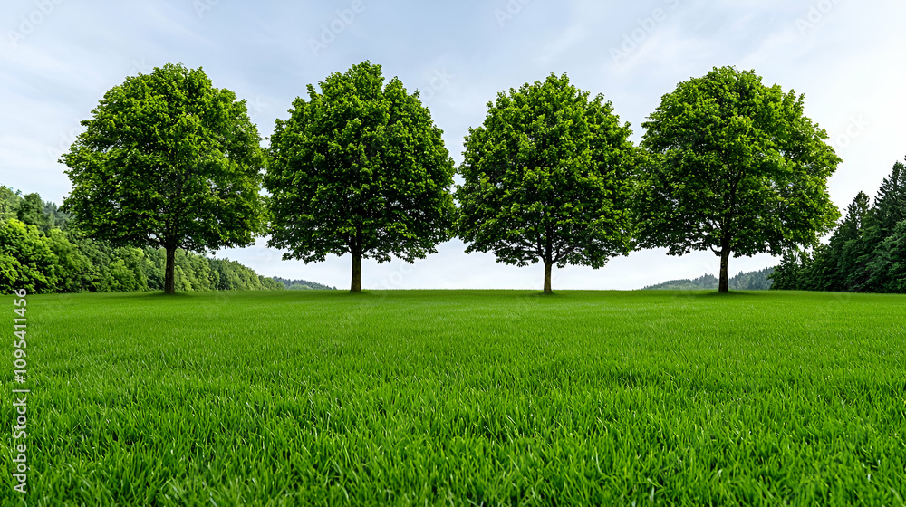 Lush green landscape featuring four tall trees evenly spaced on a vibrant grassy field under a clear sky. Lush green landscape featuring four tall trees evenly spaced on a vibrant grassy field under a clear sky.