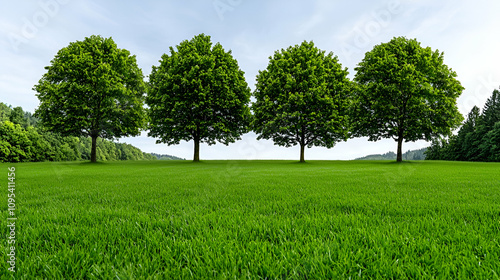 Lush green landscape featuring four tall trees evenly spaced on a vibrant grassy field under a clear sky.