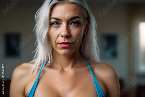 full-body portrait of an attractive prostitute with glowing skin, deep wrinkles, and a piercing gaze