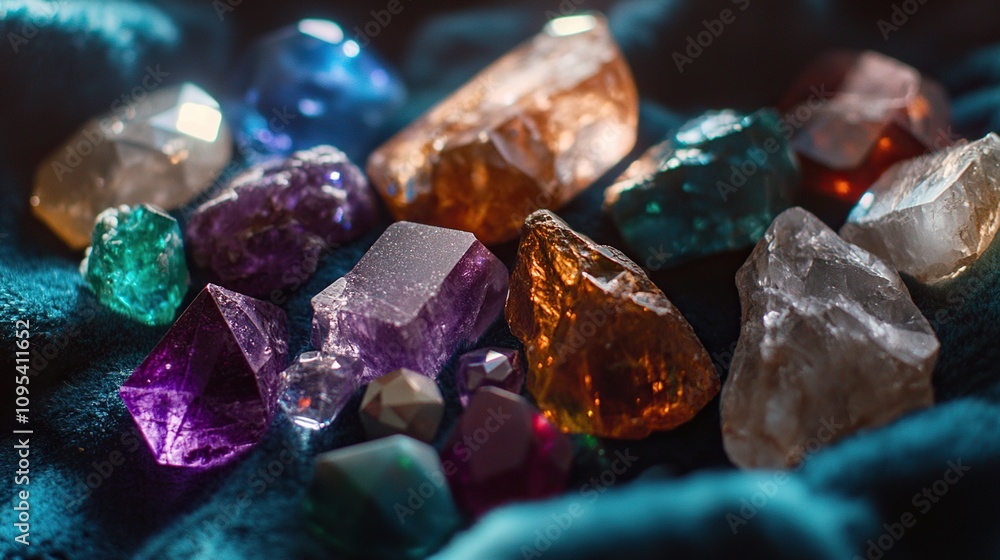 Many colorful faceted stones on dark ground.
Many colorful faceted stones on dark ground.