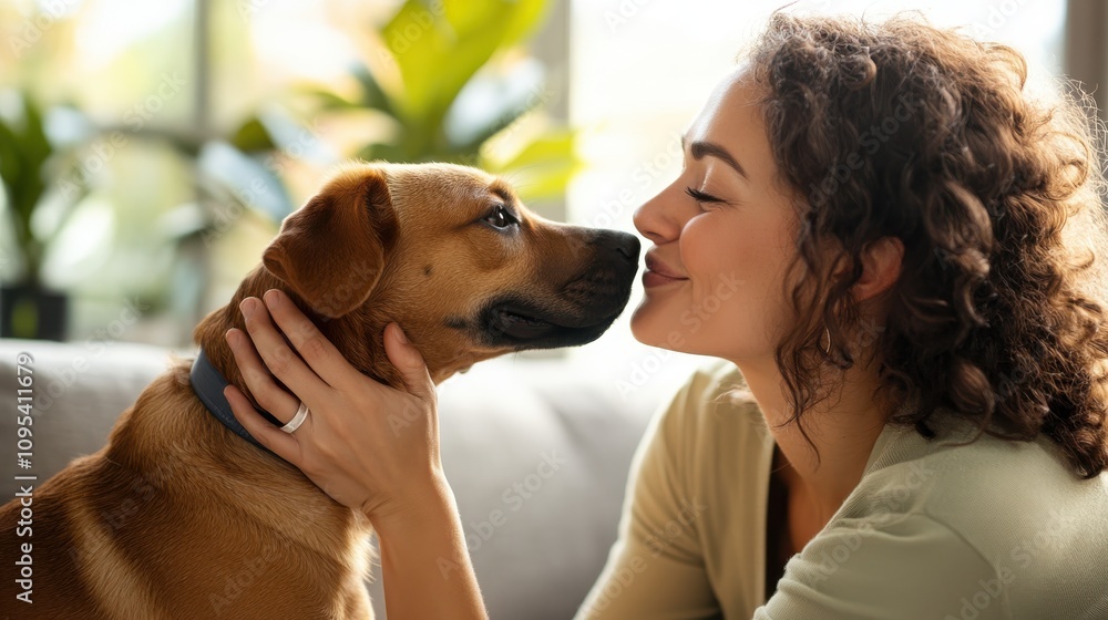 A woman with curly hair lovingly leans in, sharing an affectionate moment with her friendly brown dog, conveying warmth and companionship in a cozy setting. A woman with curly hair lovingly leans in, sharing an affectionate moment with her friendly brown dog, conveying warmth and companionship in a cozy setting.