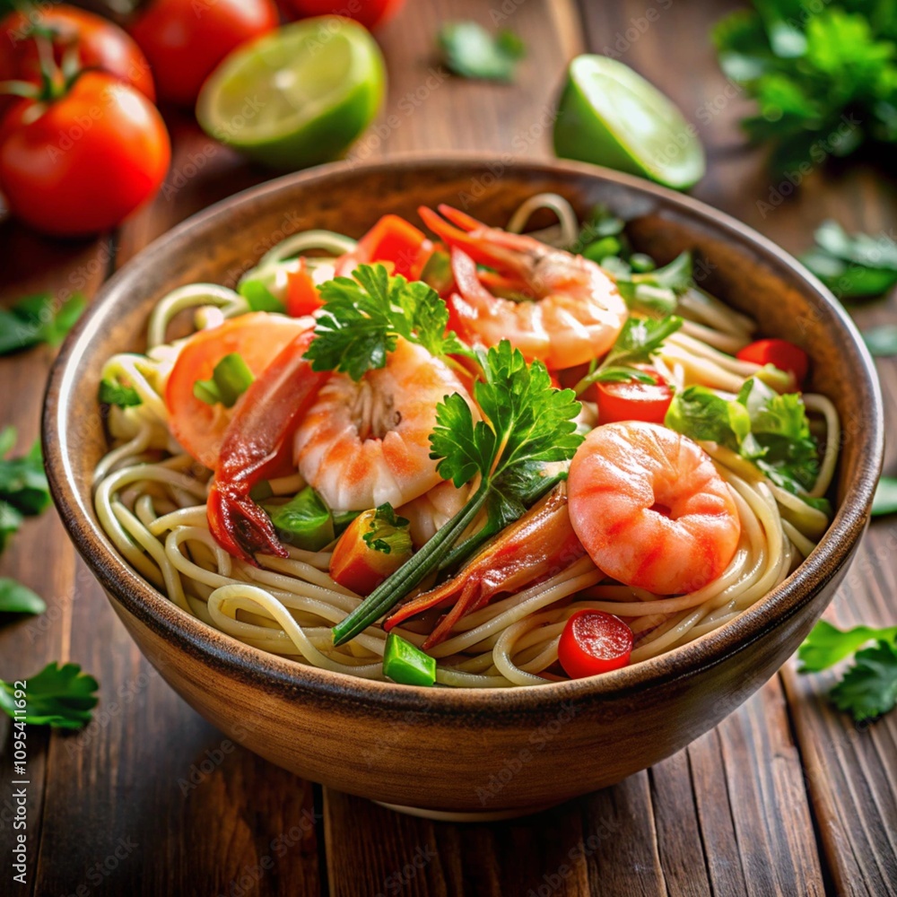 Shrimp Noodles Served in a Ceramic Bowl Shrimp Noodles Served in a Ceramic Bowl