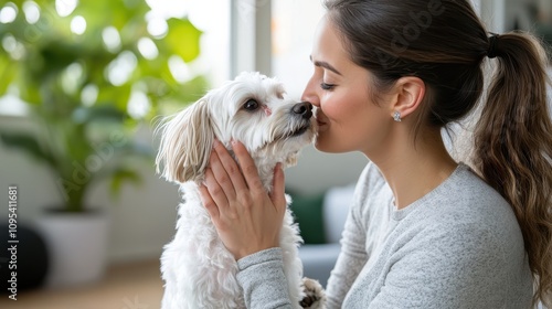 Within a bright interior setting, a woman shares a tender moment as she lovingly kisses her small fluffy dog, reflecting themes of affection and companionship. photo