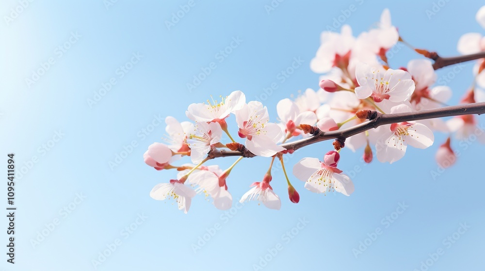 Pink cherry blossoms on a branch against a light blue sky.
Pink cherry blossoms on a branch against a light blue sky.