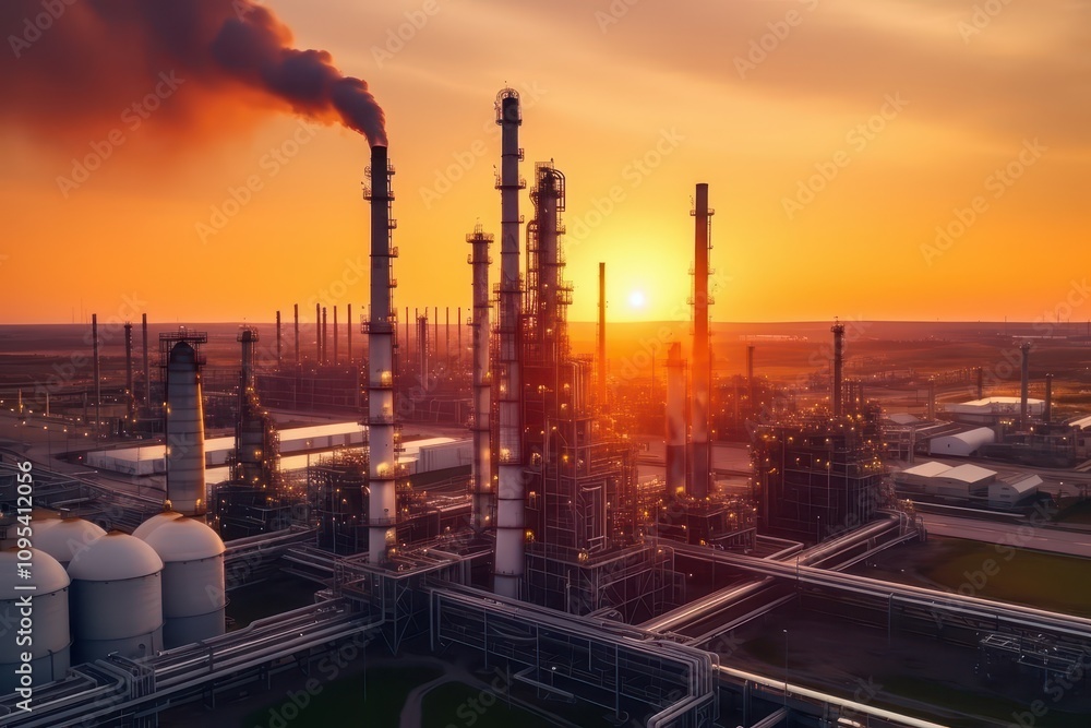Industrial Refinery with Smokestacks at Sunset in a Modern Landscape Industrial Refinery with Smokestacks at Sunset in a Modern Landscape