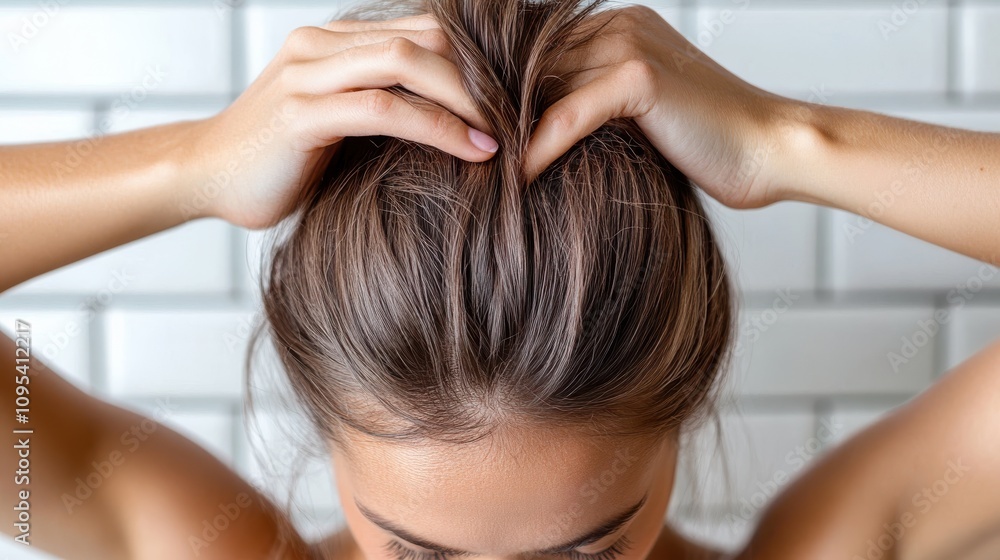 Naklejka premium A top-down view shows a woman gently grasping her hair into a bun, emphasizing her fine hairstyle while showcasing neatly manicured nails and a neutral background.
