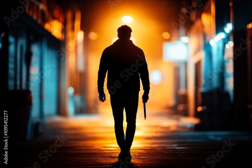 The silhouette of a man walking confidently down an alleyway while holding a knife, highlighted by intense yellow and blue lighting, creates a suspenseful ambiance. photo