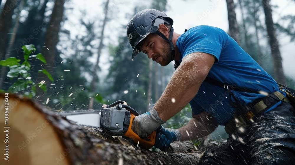 In a misty forest, a determined forester uses a chainsaw, surrounded by flying sawdust, highlighting resolve and craftsmanship amid nature's challenges. In a misty forest, a determined forester uses a chainsaw, surrounded by flying sawdust, highlighting resolve and craftsmanship amid nature's challenges.
