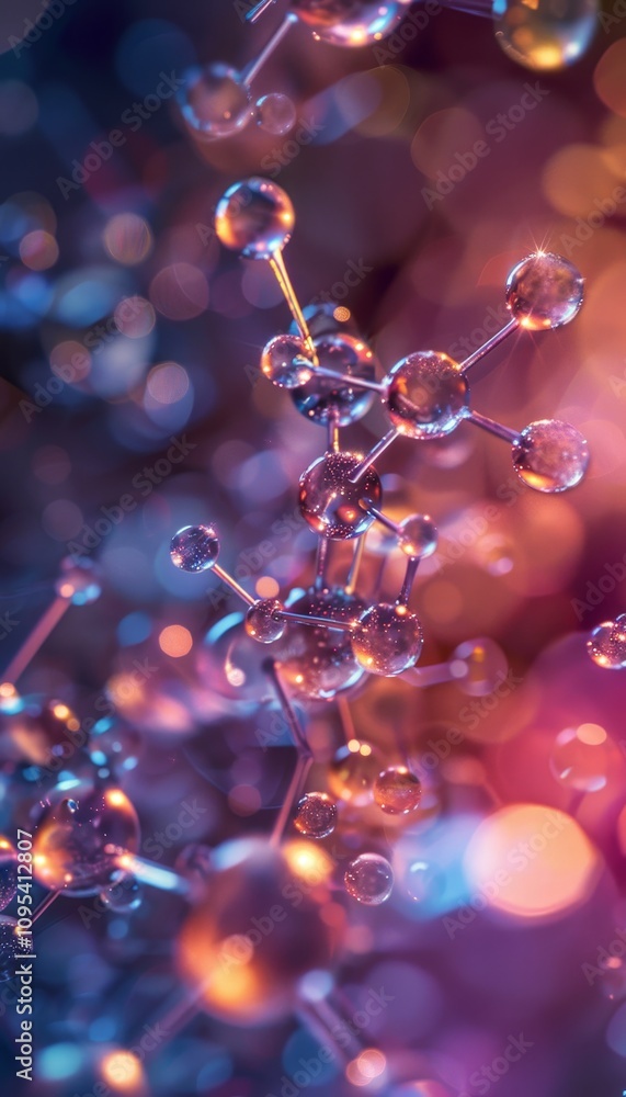 Hyper realistic microscopic view of chemical molecules merging with glowing bonds and vibrant colors Hyper realistic microscopic view of chemical molecules merging with glowing bonds and vibrant colors