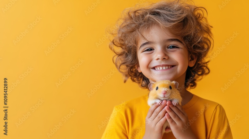 A joyful child with curly hair posing against a yellow background, holding a small furry hamster, capturing a moment of happiness and youthful innocence. A joyful child with curly hair posing against a yellow background, holding a small furry hamster, capturing a moment of happiness and youthful innocence.