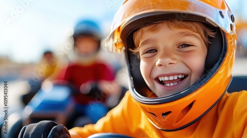 In this picture, a gleeful child looks thrilled as they drive a go-kart, wearing an orange helmet. The background is filled with motion blur, depicting high energy and joy. photo