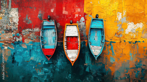 Three colorful boats hang against a vibrant wall, creating a striking visual contrast. The boats' weathered paint and the textured wall add to the image's artistic appeal.