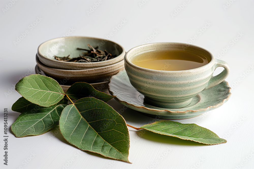Traditional coca leaf tea setup with cup and loose leaves on a clean background Traditional coca leaf tea setup with cup and loose leaves on a clean background