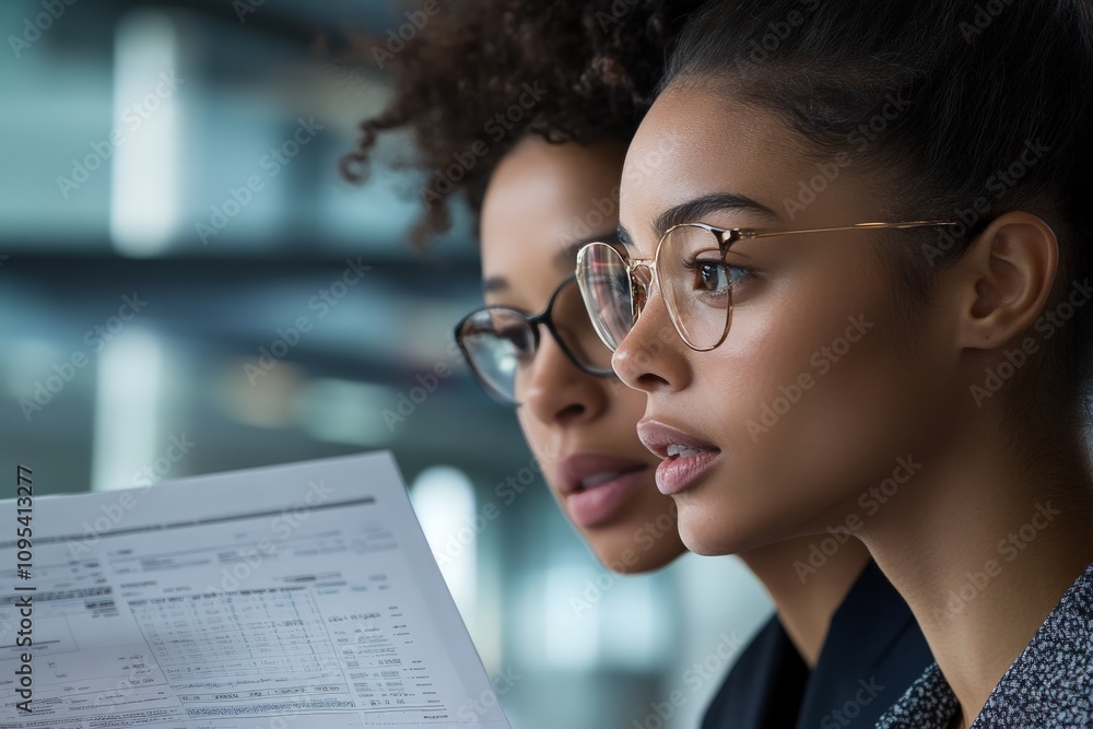 Two women with glasses focus intently on printed reports in a professional space, symbolizing teamwork, analysis, and precision in data-driven environments. Two women with glasses focus intently on printed reports in a professional space, symbolizing teamwork, analysis, and precision in data-driven environments.