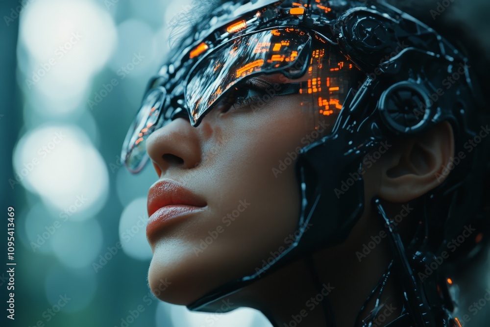 A striking cyber-themed portrait featuring a person adorned with advanced VR enhancements, emphasizing technological evolution and digital integration in modern life. A striking cyber-themed portrait featuring a person adorned with advanced VR enhancements, emphasizing technological evolution and digital integration in modern life.