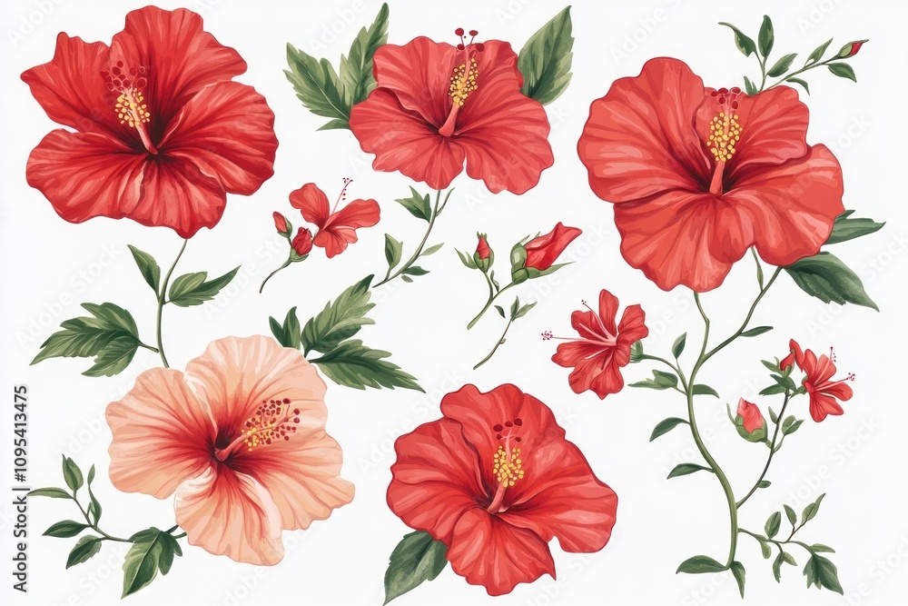 A Collection Of Vibrant Red And Peach Hibiscus Flowers A Collection Of Vibrant Red And Peach Hibiscus Flowers