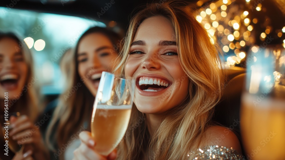 A close-up shot of a smiling woman holding a glass of champagne in a limo, radiating joy and capturing the essence of a celebratory evening outing. A close-up shot of a smiling woman holding a glass of champagne in a limo, radiating joy and capturing the essence of a celebratory evening outing.