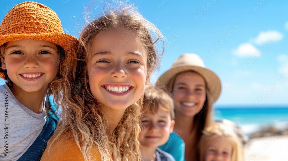A cheerful group photo of children and their mother at a sunny beach, capturing laughter and joy on a bright day, evoking the spirit of family togetherness. A cheerful group photo of children and their mother at a sunny beach, capturing laughter and joy on a bright day, evoking the spirit of family togetherness.