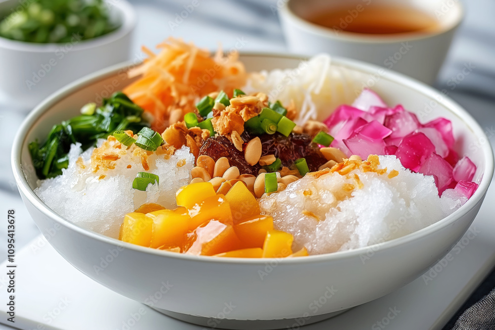 Vibrant Ais Kacang dessert served in a white bowl with soft lighting and colorful toppings Vibrant Ais Kacang dessert served in a white bowl with soft lighting and colorful toppings