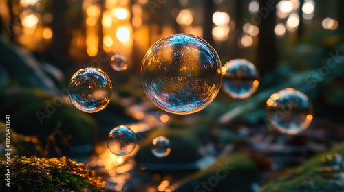 Many colorful clear soap bubbles float in a sunlit forest.