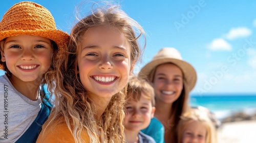 A cheerful group photo of children and their mother at a sunny beach, capturing laughter and joy on a bright day, evoking the spirit of family togetherness.