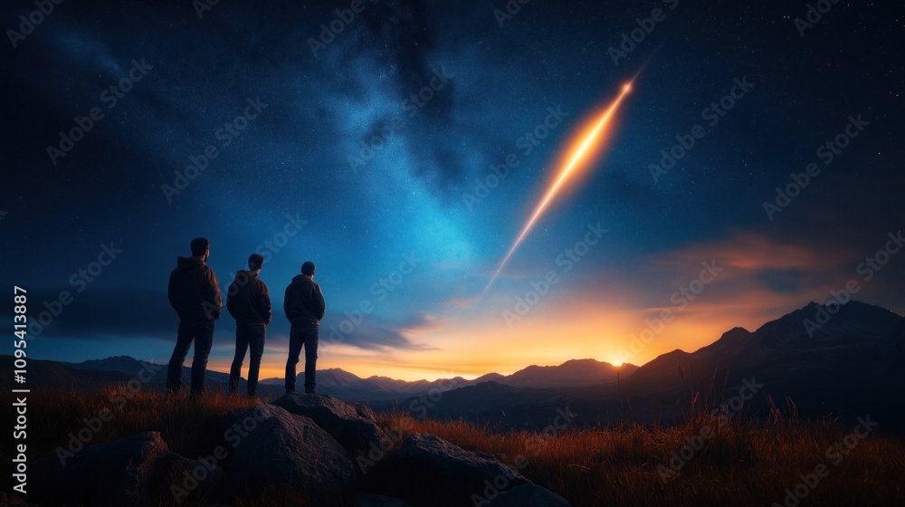 As night falls, three figures stand atop a rocky outcrop, captivated by a bright comet racing through the dark sky above mountains, illuminating the twilight As night falls, three figures stand atop a rocky outcrop, captivated by a bright comet racing through the dark sky above mountains, illuminating the twilight